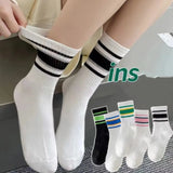 Sohiwoo Harajuku Striped Socks for Woman Men Street Hip Hop Skateboard Breathable Fashion Mid Tube Couple Sports Socks Random Color 2PCS