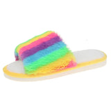 Sohiwoo Rainbow Furry Fluffy Slippers Women Non Slip Flat Heels House Slippers Woman Winter Lightweight Home Floor Shoes Indoor Slides