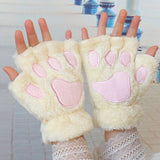 Sohiwoo 1Pair Girl Lovely Bear Plush Cat Paw Claw Gloves Winter Faux Fur Kitten Fingerless Mittens for Women Christmas Halloween Gloves