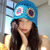 Sohiwoo Women's Crochet Flower Beanie Hat Autumn Handmade Knitted Skullies Cap Female Hollow Beanies Cap Outdoor Foldable Sunscreen Hat