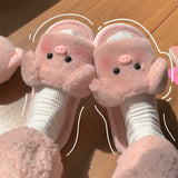 Sohiwoo Autumn and Winter Soft Sole Home Comfortable Warm One Word Plush Slippers New Cartoon Cute Animal Women's Cotton Slippers