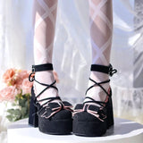 Sohiwoo Fairy Style Fashion Solid Color Round Toe Chunky Heel Mary Jane Shoes Spring Autumn Sweet Cute Lolita Bow Bandage Women's Shoes