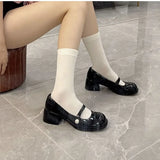 Sohiwoo Shoes for Woman 2024 Square Heels Women's Summer Footwear with Medium Mary Jane Black Japanese Style Lolita Gothic Pearl Korean