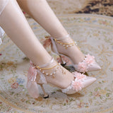 Sohiwoo French Sweet Vintage Girls Shoes Cosplay Pink Elegant Lace Flower Pearls Pointed Sandals Bandages Bowknot 8cm High Heel Shoes
