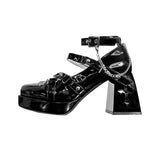 Sohiwoo Elegant Black Leather Shoes Original Y2k Asian Culture Hot Girl Punk Rivet Cross Patent Leather High Heel Lolita Girl Lady Shoes
