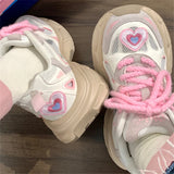 Sohiwoo Heart Shaped Pink Mixed Color Round Toe Women Sneakers Thick Sole Chunky Heels Lace Up Runaway Skateboard Trainer Fashion Shoes