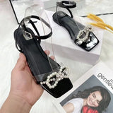 Sohiwoo Summer Women's Sandals with Bow Pearl Flat Heels Elegant Rhinestone Party Ladies Shoes Plus Size 42 Sandalias Mujer