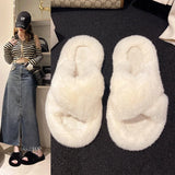 Sohiwoo Fluffy Fur Slippers Women Shoes Flat Furry Fur Slides Winter Fur Flip Flop Outdoor Sandals Woman Amazing Shoes Zapatillas Mujer