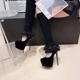 Sohiwoo New Fashion Sexy Platform Super High Heels Knee High Modern Boots Women Flock Striptease Steel Pipe Boots Party Wedding