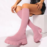 Sohiwoo Pink Chunky Platform Knitted Long Boots Women Trend Thick Bottom Elastic Knee High Boots Woman Slip On Sock Botas Mujer