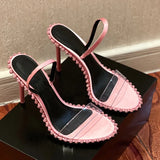 Sohiwoo High Heel Open Toe Rhinestone Transparent Stripe Female Summer Mid Heel Pink Sandals Female