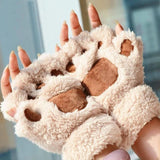 Sohiwoo 1Pair Girl Lovely Bear Plush Cat Paw Claw Gloves Winter Faux Fur Kitten Fingerless Mittens for Women Christmas Halloween Gloves