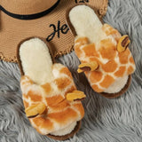 Sohiwoo Winter Women Cute Home Plush Slippers Cartoon Giraffes Warm Faux Fur Lining Fluffy Cozy Flat Non Slip Sole Ladies Shoes