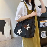 Sohiwoo Women Cute Messenger Bag Large Capacity Canvas Lovely Shoulder Bag Star Applique Y2K Street Style School Bag for Teens Students