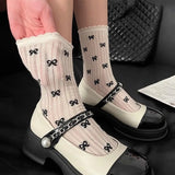 Sohiwoo Cute Bowknot Socks Women Girls Lace Sweet Bow Sock Hollow Out Long Socks Casual Crew Loose Sox Summer Thin Mid-tube Stockings