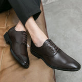 Sohiwoo Leather Classic Woven Pattern Business Leather Shoes Formal Coffee Or Black Dress Shoes Men Fashion Oxfords Lace-up Casual Office Shoes