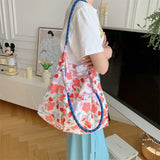 Sohiwoo Portable Fashion Women Canvas Shoulder Bag Large Capacity Floral Printed Shopping Bags Cotton Casual Tote Bag Reusable Cloth Bag