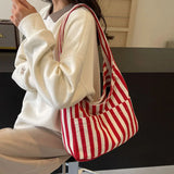 Sohiwoo Canvas Bag for Women 2024 New Shopper Handbags Shoulder Tote Bag Casual Stripe Large Capacity School Bags Girls