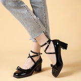 Sohiwoo Black Retro Cross-Tie Pumps Casual Summer Marry Janes Round Toe Shoes Ladies Lolita Sweet Fashion Shoes Woman Bow Design