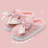 Sohiwoo Cute Big Bowtie Home Cotton Slippers Women Winter Soft Thick Bottom Indoor Slippers Woman Non-Slip Flat Heels House Shoes