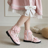 Sohiwoo Japanese Style Sweet Girl Kawaii Lolita Shoes Round Head Flat Bottom Lovely Ruffle Ruffle Pearl Shoelace Plush 2cm Short Boots