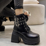 Sohiwoo Autumn Thick Heel Mid-calf Boots Women Chunky Sneakers High Heels Winter Platform Leather Shoes Woman Metal Buckle Punk Boots