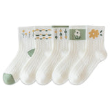 Sohiwoo Girls Short Socks 5 Pairs Cute Medium Flowers Print Sweet Style Skin-Friendly Comfortable Breathable Cotton