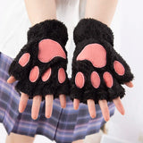 Sohiwoo Women Cartoon Cat Claw Gloves Thicken Fingerless Plush Bears Warm Cute Thick Bear Paw Fingers Half Winter Kawaii Mittens Gloves