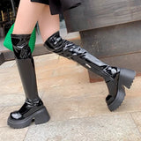 Sohiwoo Patent Leather Chunky Platform Long Boots Women  Autumn Punk Thick Heels Shoes Zipper Black Motorcycle Botas De Mujer