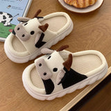 Sohiwoo  New Milk Cow Slippers For Women Kawaii Fluffy Summer Linen Platform Slippers Woman Cartoon House Slippers Funny Shoes