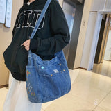 Sohiwoo Denim Big Tote Messenger Blue Multi-pocket Capacity Women Book Embroidery Star Shoulder Y2K Bag Washed Bag Bags Shopper Jean For