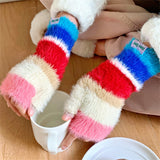 Sohiwoo Winter Rainbow Knitted Half Finger Gloves Mink Fleece Soft Warm Stripe Plush Fingerless Gloves Women's Long Wrist Mittens Decor