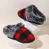 Sohiwoo Plaid Thicken Plush Fur Slippers Women Winter Closed Toe Couple Home Slippers Woman Comfort Soft Sole House Shoes Slides