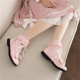 Sohiwoo Japanese Style Sweet Girl Kawaii Lolita Shoes Round Head Flat Bottom Lovely Ruffle Ruffle Pearl Shoelace Plush 2cm Short Boots