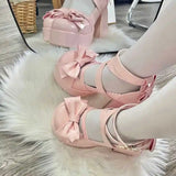 Sohiwoo Lolita Shoes Women Mary Janes High Heels Shoes Chunky Sandals Summer Fashion Retro Bow Party Platform Pumps