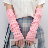 Sohiwoo Autumn Winter White Lolita Style Long Fingerless Gloves Women Arm Warmer Knitted Arm Sleeve Casual Soft Girl Punk Gothic Mittens