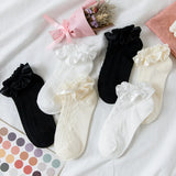 Sohiwoo Women Socks Lolita Style Japanese Kawaii Cute Frilly Ruffle Socks Solid White Black Mesh Lace Girls Sweet Harajuku Short Socks