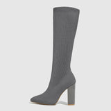 Sohiwoo Grey Solid Knee High Pointed Toe Chunky High Heel Women Boots Soft Stretch Sock Boots Slip-on Long Booties Plus Size 35-42