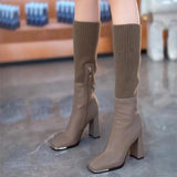 Sohiwoo Vintage Winter Women Knee High Boots Fashion knit Square Toe Long Booties Designer High Heels Botas De Mujer