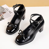 Sohiwoo Black Retro Cross-Tie Pumps Casual Summer Marry Janes Round Toe Shoes Ladies Lolita Sweet Fashion Shoes Woman Bow Design