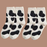 Sohiwoo 2Pairs Lovely Cow Pattern Fuzzy Crew Socks Milk Spotted Plush Thickened Soft Cute Comfortable Mid Tube Socks Warm Autumn Winter