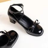 Sohiwoo Black Retro Cross-Tie Pumps Casual Summer Marry Janes Round Toe Shoes Ladies Lolita Sweet Fashion Shoes Woman Bow Design