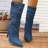 Sohiwoo Pockets High Heels Denim Boots for Women Sexy Pointed Toe Stiletto Heeled Mid Calf Cowboy Boots Woman Autumn Winter Botas Mujer