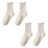 Sohiwoo Lovely Wooden Ear Edge Pile Middle Tube Socks Women INS Style Kawaii Light Luxury Solid Color Ruffles Harajuku Cute Socks