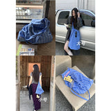 Sohiwoo Korean Style Striped Pure Cotton Fabric Blue Women Tote Bag Urban Street Style Causal Travel Shopping Light Shoulder Canvas Bags