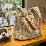 Sohiwoo Retro Flower Bucket Bag Large Capacity Mummy Bag Cute Lunch Bag Canvas Handbag Korean Style Women Shoulder Bag Tote Bag