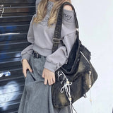 Sohiwoo Y2K Korean Harajuku Gothic Hobo Denim Bag Aesthetic Vintage Purses WomenHandbag Crossbody Messenger Tote Peddler Shoulder Bags