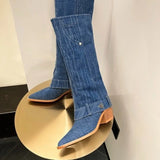 Sohiwoo Western Cowboy Blue Denim Metal Decorations Pointed Toe Women Knee High Boots Square Heels Splicing Slip on Retro Ladies Shoes