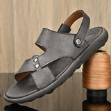 Sohiwoo Summer New Sandals Men ' s Cowhide Casual Beach Shoes Genuine Leather Thick Sole Anti Slip Male Open Toe Shoes Black Brown