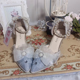 Sohiwoo Pearl Chain Sweet Lace Bowknot Elegant Princess  Pointed Sandals Lolita Shoes Silver Wedding Tea Party Cosplay Lolita Shoes